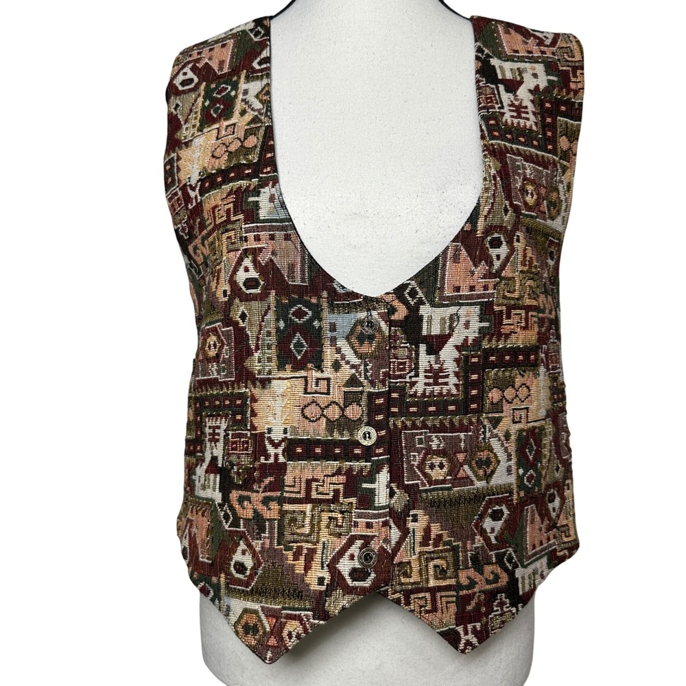 VTG 90s ZEN Tapestry Vest Womens Mediumβ Geometric Ethnic Boho Academia Cottage